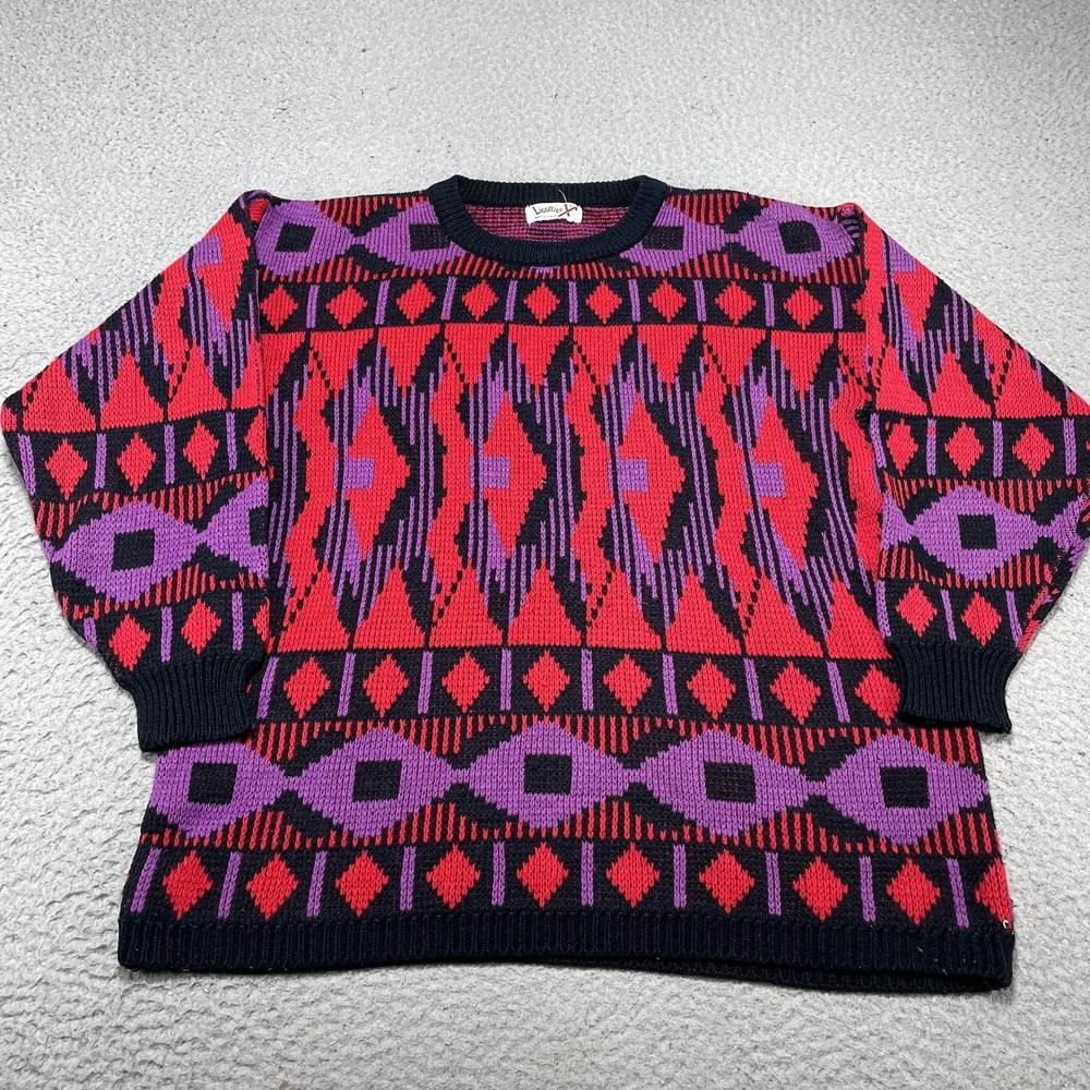 Vintage Licorice Sweater Womens Large Aztec Geometric Knit Crewneck Pullover 80s